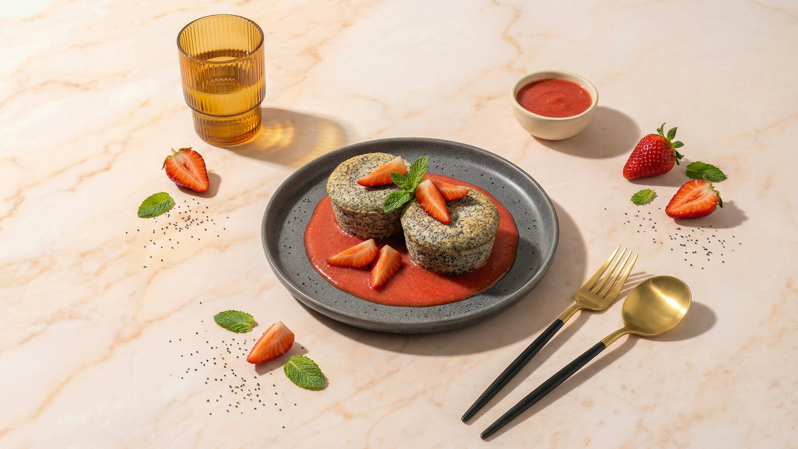 Auf einem grauen Teller liegen zwei runde Desserts mit Mohn, umgeben von Erdbeerscheiben und einem roten Fruchtpüree. Frische Minzblätter verleihen dem Gericht einen dekorativen Akzent. Daneben stehen Besteck und ein Glas.