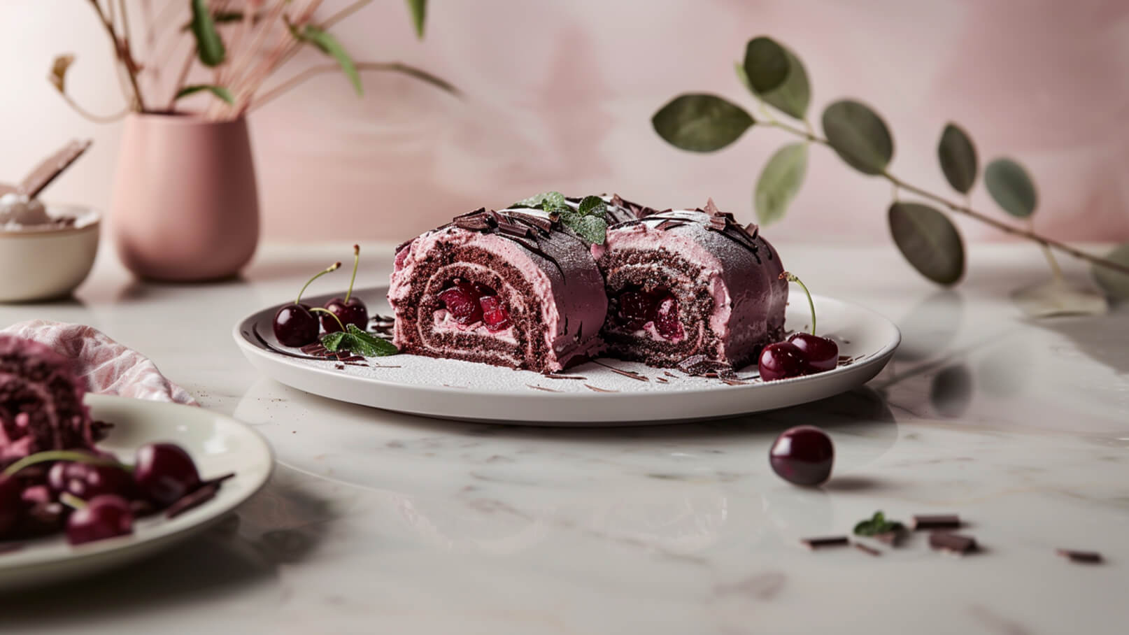 Eine schokoladige Biskuitrolle, gefüllt mit einer Kirschcreme und dekoriert mit Schokoladenraspeln, liegt auf einem weißen Teller. Frische Kirschen und Minzblätter sind zur Garnitur platziert. Der Hintergrund ist sanft und rosa, was eine einladende Atmosphäre schafft.