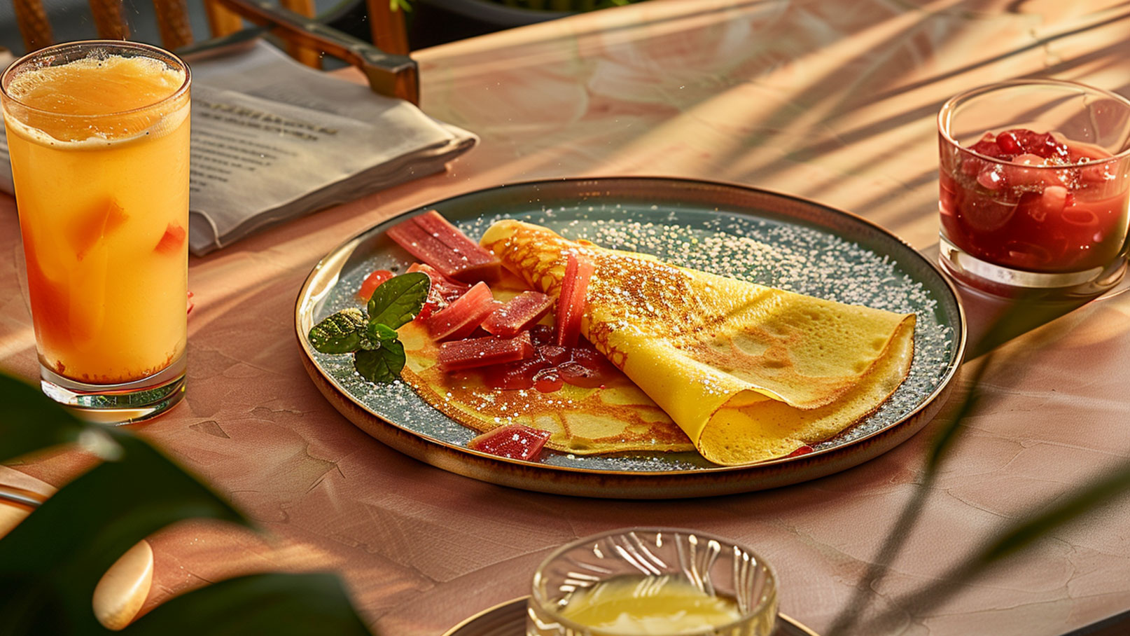 Auf dem Bild ist ein Teller mit einer dünnen, gefüllten Crêpe zu sehen, die mit Puderzucker bestreut ist. Neben der Crêpe liegen Stücke von Rhabarber. Im Hintergrund steht ein Glas mit einem orangenen Getränk.
