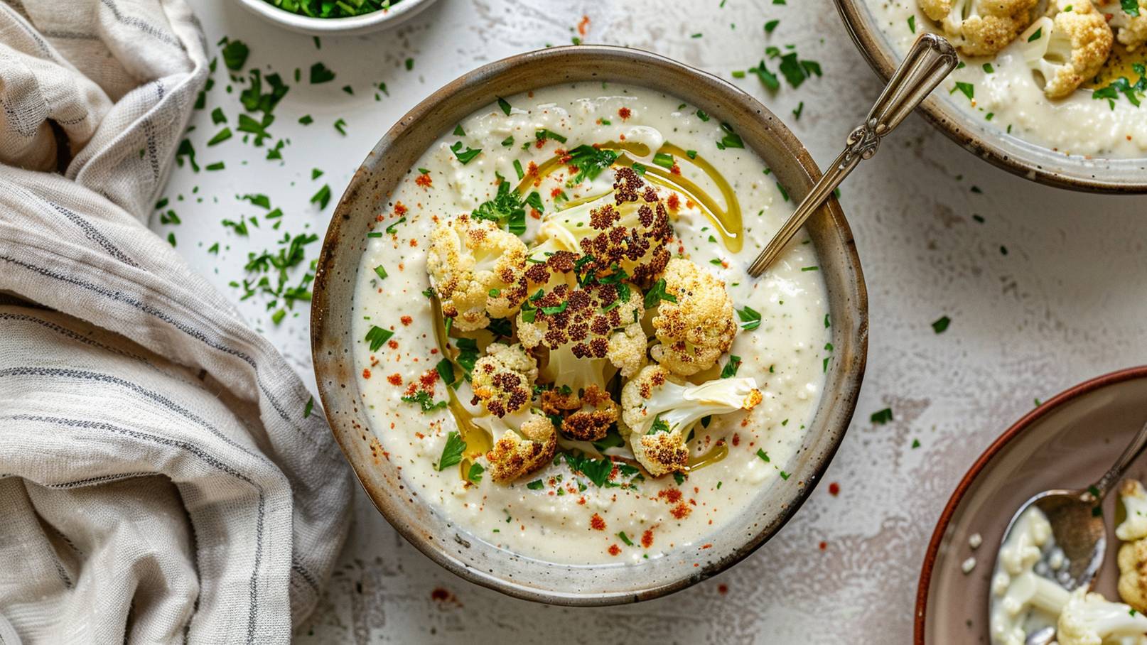 Eine Schüssel mit cremiger Blumenkohlsuppe, garniert mit goldbraun geröstetem Blumenkohl, frischen Kräutern und einem Spritzer Olivenöl. 

Im Hintergrund sind einige grüne Kräuter verstreut und eine zweite Schüssel mit der gleichen Suppe sichtbar.