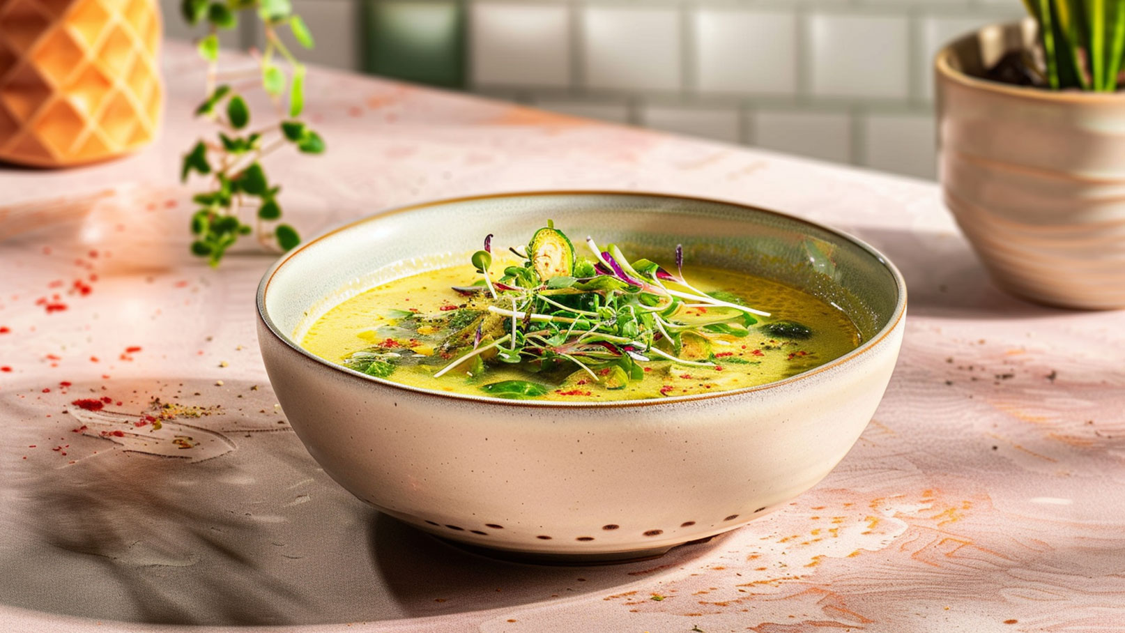 Eine Schüssel mit cremiger, gelber Suppe, garniert mit frischen Kräutern und kleinen Gemüsescheiben. Die Suppe ist auf einem rosa Tisch platziert, der mit leichten Farbflecken dekoriert ist. Im Hintergrund sind einige Pflanzen sichtbar.