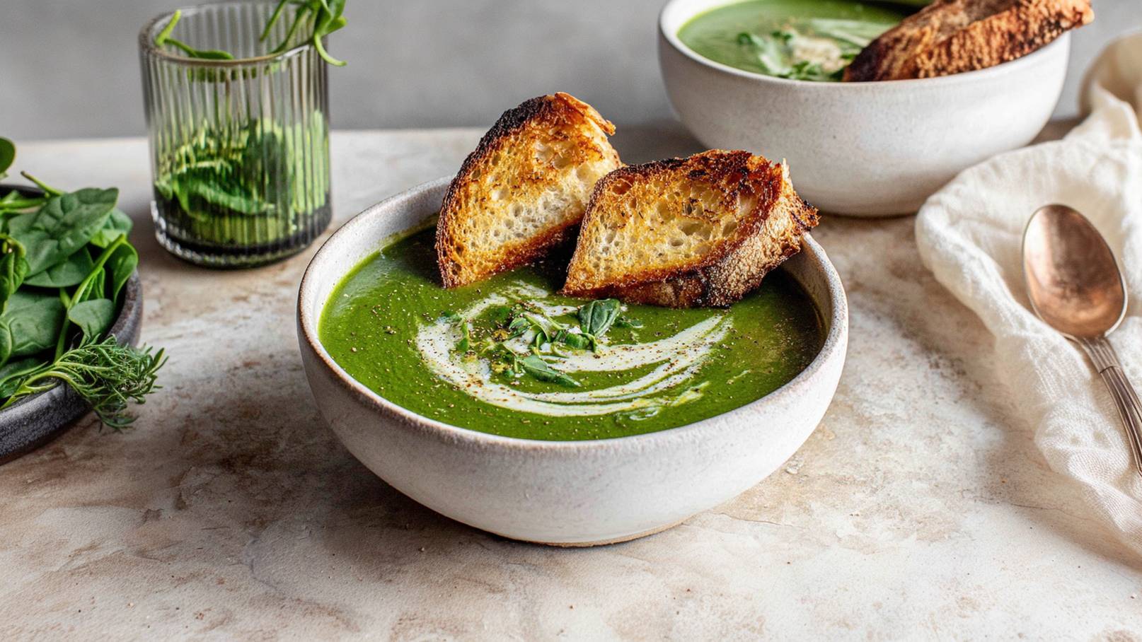 Eine Schüssel mit grüner Spinatsuppe, dekoriert mit einem Schuss Sahne und frischen Kräutern. Zwei geröstete Brotscheiben liegen am Rand der Schüssel. Im Hintergrund befindet sich ein Glas mit frischem Spinat.