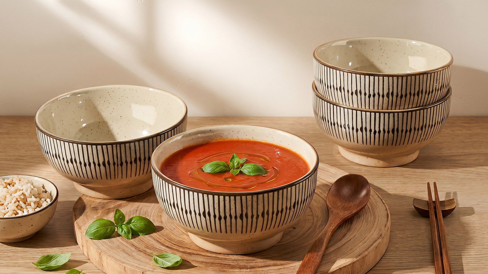 Eine große Schüssel mit Tomatensuppe, garniert mit frischem Basilikum, steht auf einem Holzbrett. Daneben liegen ein kleinerer Teller mit Reis, einige Basilikumblätter und Essbesteck. Im Hintergrund sind drei dekorative Schalen gestapelt.