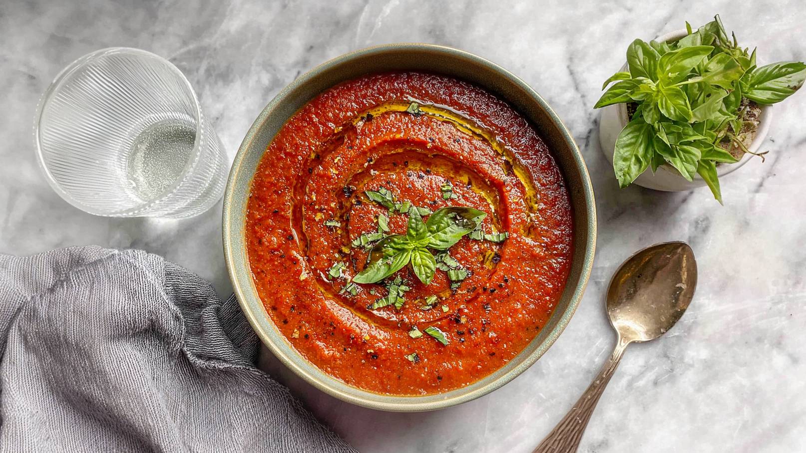Eine Schüssel mit roter Tomatensuppe, verziert mit frischem Basilikum und etwas Olivenöl. Daneben steht ein Glas Wasser und ein kleiner Topf mit frisch gewachsenem Basilikum. Ein graues Tuch und ein Löffel liegen ebenfalls auf der Oberfläche.