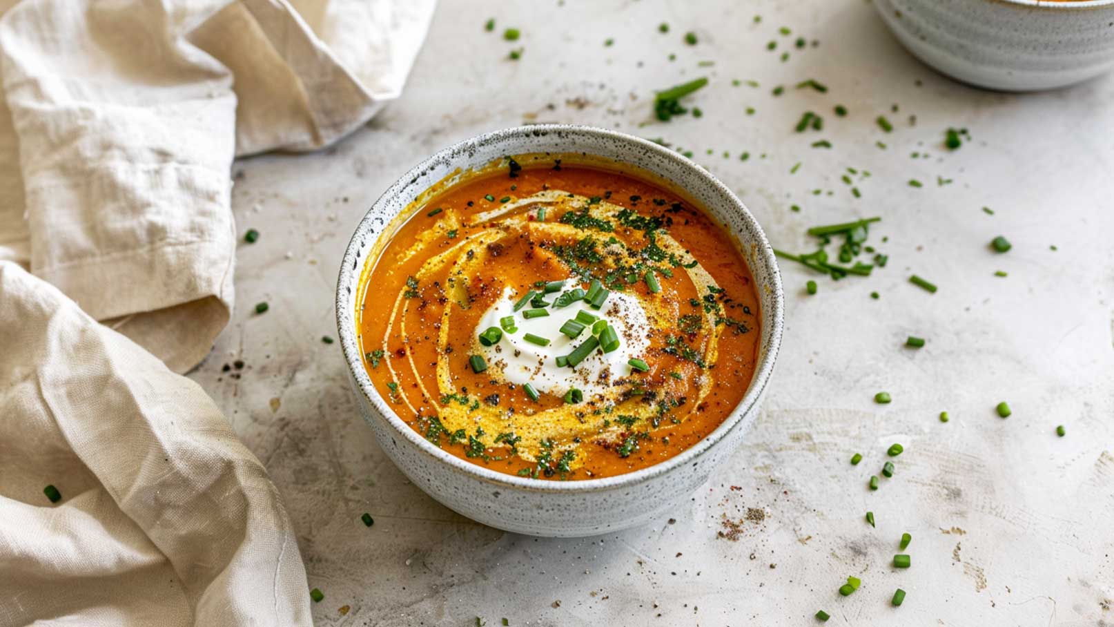 Eine Schüssel mit dicker, orangefarbener Suppe ist im Vordergrund zu sehen. Obenauf sind ein Klecks Sauerrahm und frische, gehackte Schnittlauchstücke platziert. Um die Schüssel liegen verstreut einige grüne Schnittlauchröllchen. Der Hintergrund ist neutral gehalten.