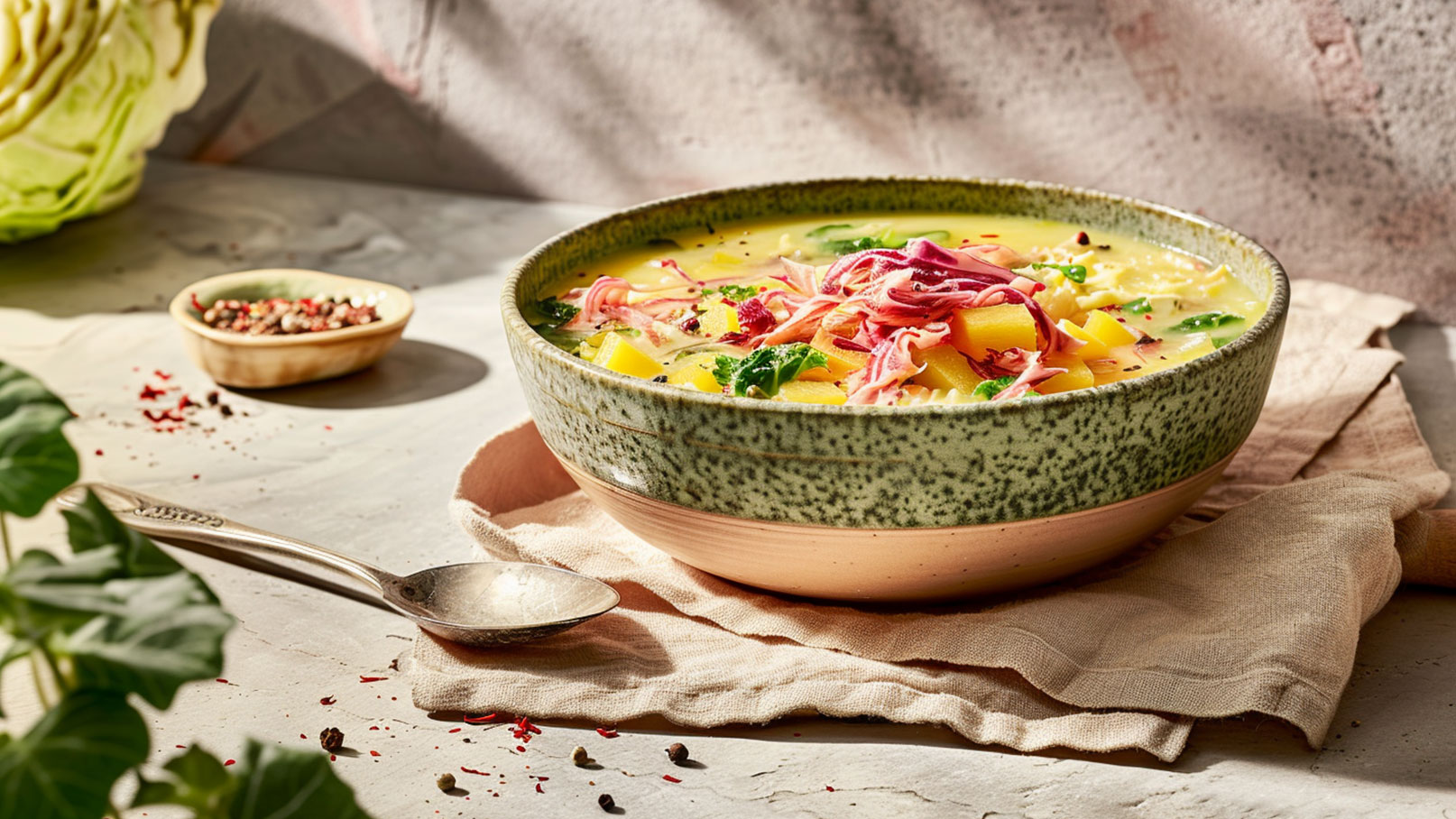 Eine große Schüssel mit Suppe steht auf einem Tisch. Die Suppe enthält bunte Gemüsewürfel, grüne Kräuter und zarte Fleischstreifen. Neben der Schüssel liegt ein Löffel auf einem Stofftuch. Im Hintergrund sind Licht und Schatten zu erkennen, was eine gemütliche Atmosphäre schafft.