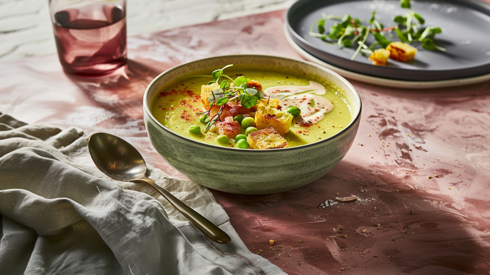 Eine grüne Suppe in einer großen, runden Schüssel mit Croutons, Erbsen und Kräutern. Ein kleiner kreisförmiger Spritzer Sahne ist darüber dekoriert. Ein Löffel liegt neben der Schüssel auf einem Tisch mit einem rosa Tischläufer. Im Hintergrund steht ein Glas mit rotem Getränk.