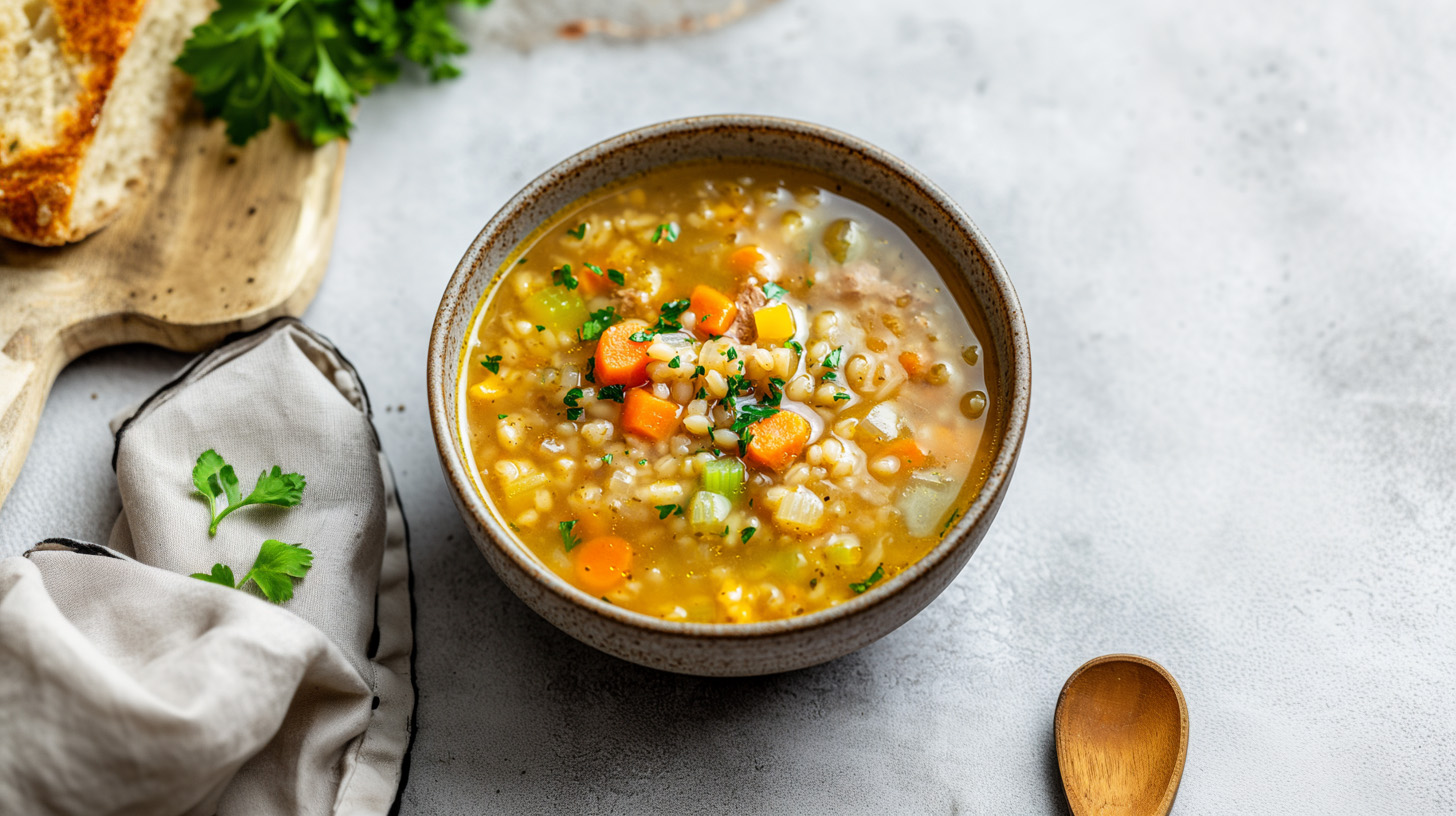 Eine Schüssel mit einer bunten Gemüsesuppe, die Karotten, Sellerie und Kräuter enthält. Die Suppe hat eine goldene Farbe und wird von einer rustikalen Holzoberfläche umgeben. Neben der Schüssel liegen ein Löffel und ein Tuch.