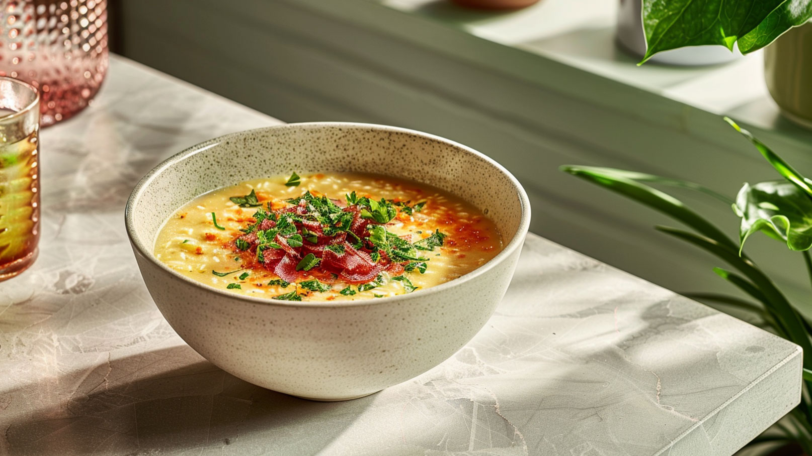 Eine Schüssel mit cremiger Suppe, garniert mit frischen Kräutern und dünnen Scheiben einer Wurst. Die Schüssel steht auf einem hellen Tisch, umgeben von Pflanzen und einem Glas. Die Farben sind warm und einladend.
