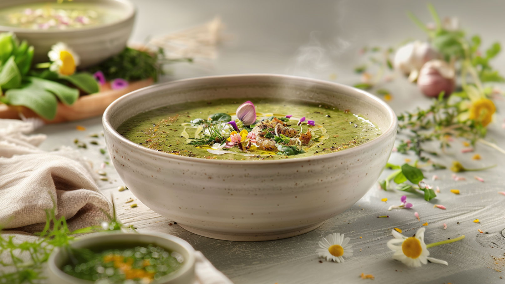 Eine großzügige Schüssel mit dampfender grüner Suppe, garniert mit essbaren Blüten, Kräutern und Gewürzen. Im Hintergrund sind weitere Schalen und frische Zutaten wie Gemüse und Kräuter zu sehen. Die gesamte Anrichtung vermittelt ein Gefühl von Frische und natürlichem Genuss.
