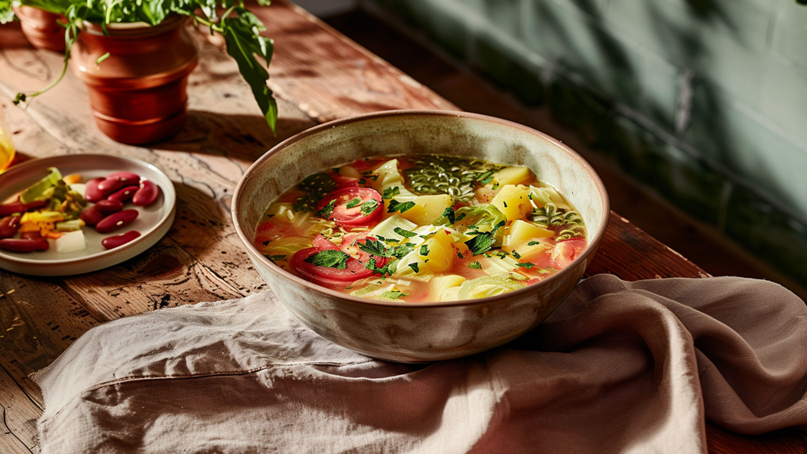 Eine große Schüsselpfeffersuppe mit Kartoffeln, Tomaten und grünen Blättern. Frische Kräuter sind darüber gestreut. Im Hintergrund liegt ein Teller mit verschiedenen eingelegten Gemüse. Die Farben sind warm und einladend, auf einem Holztisch angerichtet.