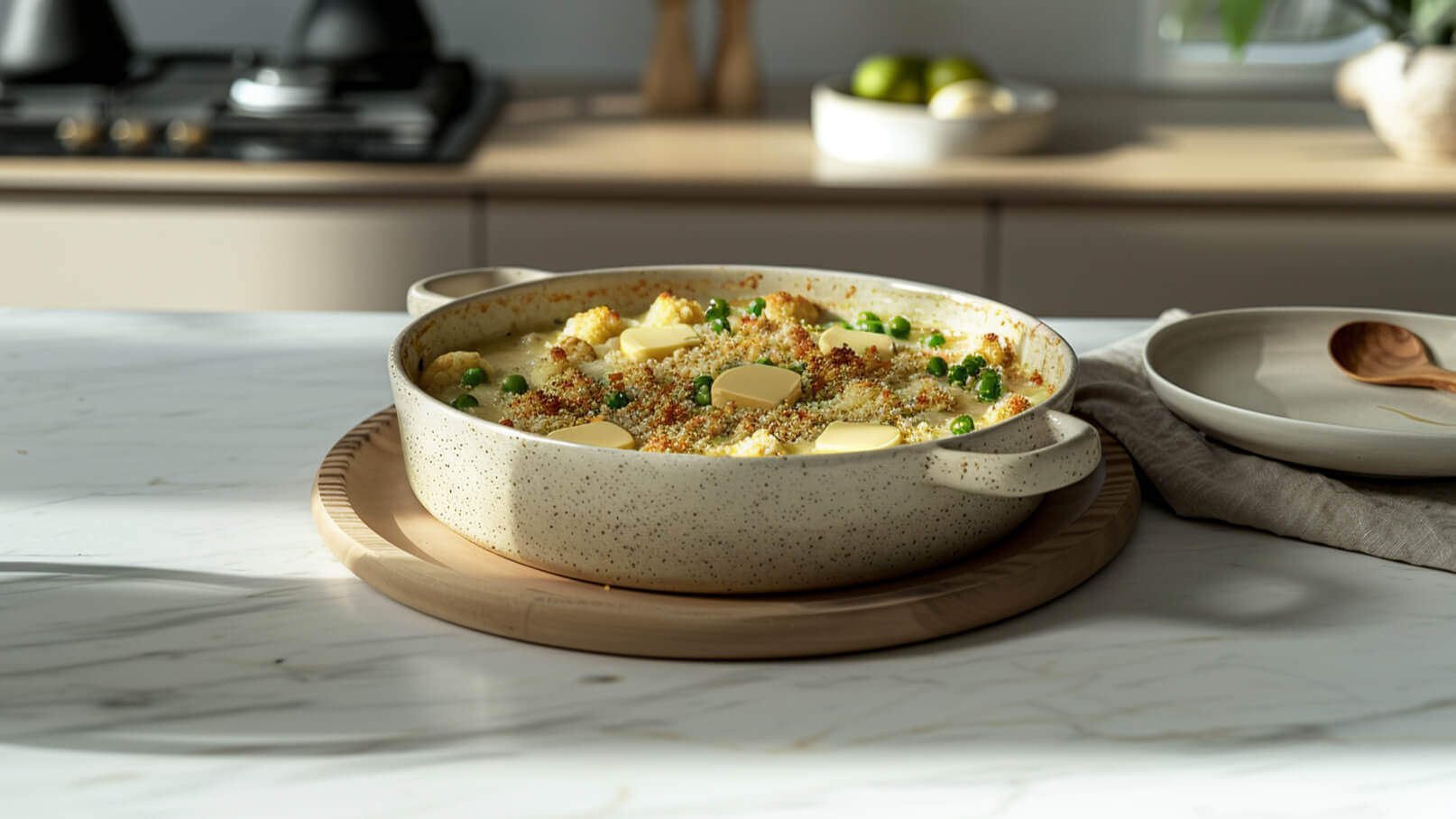 Ein Auflauf in einer hellen, speckigen Keramikform, belegt mit grünen Erbsen und Butterstückchen, steht auf einem Holzuntersetzer. Der Auflauf hat eine goldbraune Kruste und ist in einer modernen, hellen Küchenumgebung platziert.