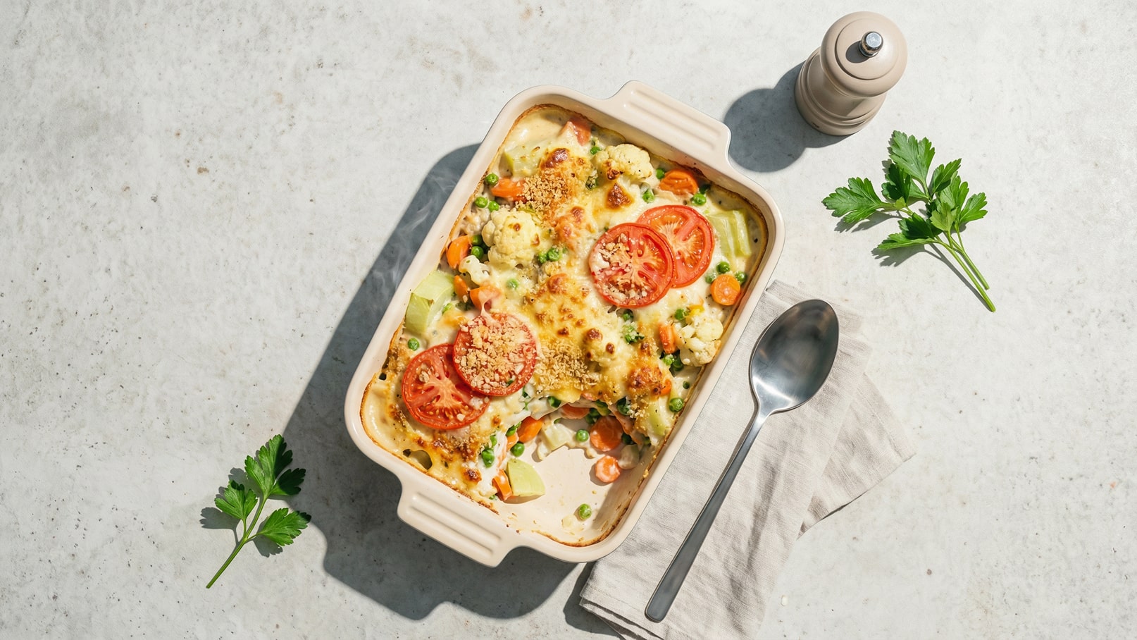 Ein außergewöhnlicher Auflauf mit einer goldbraunen Käseschicht, belegt mit frischen Tomatenscheiben. Darunter befinden sich Gemüse wie Karotten, Erbsen und Blumenkohl, die in einer cremigen Soße gebacken sind. Der Auflauf ist in einer rechteckigen, hellen Auflaufform serviert.