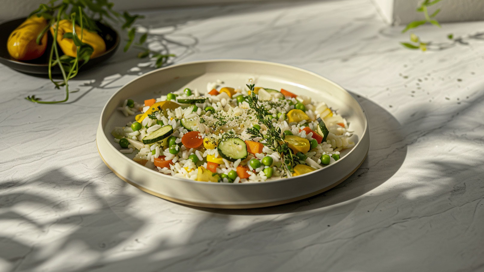 Ein Teller mit einem bunten Gemüse-Risotto, das Reis, grüne Erbsen, Zucchini, Paprika, Karotten und Kräuter enthält. Das Gericht ist ansprechend angerichtet und von natürlichem Licht beleuchtet. Im Hintergrund sind einige gelbe Tomaten sichtbar.