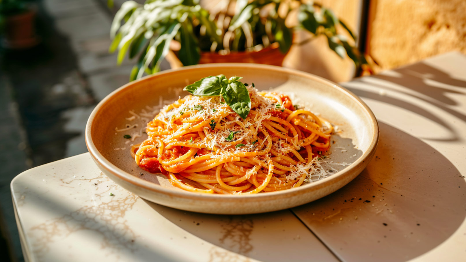 Auf dem Bild ist eine Portion Spaghetti mit einer reichhaltigen Tomatensauce zu sehen, die liebevoll und ansprechend angerichtet ist. Die Spaghetti sind mit der duftenden und köstlichen Tomatensauce überzogen, wodurch ein harmonisches Farbenspiel entsteht. Als Topping liegt frisches Basilikum auf den Spaghetti, was dem Gericht eine frische und aromatische Note verleiht.