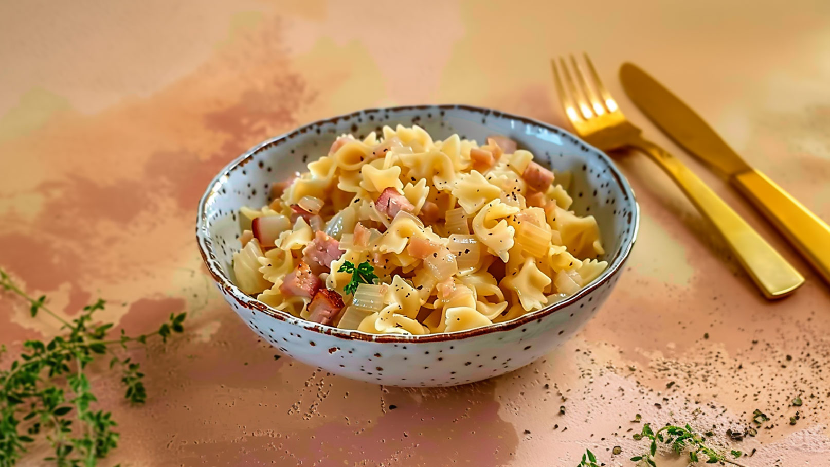 Das Bild zeigt einen großen, beigefarbenen Teller, der mit dampfenden und köstlich duftenden Krautfleckerl gefüllt ist. Die Fleckerl sind mit einer sauce übergossen und mit frischen Kräutern garniert. Der Teller steht auf einem rustikalen Holztisch, der von verschiedenen, farblich abgestimmten Tüchern umrahmt ist. Die Tücher sorgen für eine gemütliche und einladende Atmosphäre und unterstreichen die Präsentation des Gerichts.