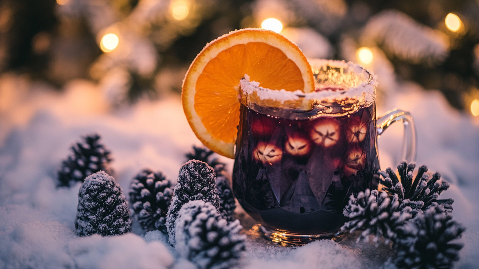 Auf dem Bild ist ein rustikaler Holztisch zu sehen, auf dem zwei Glasbecher mit dampfendem Glühwein platziert sind. Im Glühwein schwimmen saftige Orangenscheiben und aromatische Zimtstangen, die eine festliche Atmosphäre verströmen. Neben den Gläsern liegen weitere Zimtstangen und eine verlockende Orangenscheibe, die die winterlichen Aromen des Getränks unterstreichen.