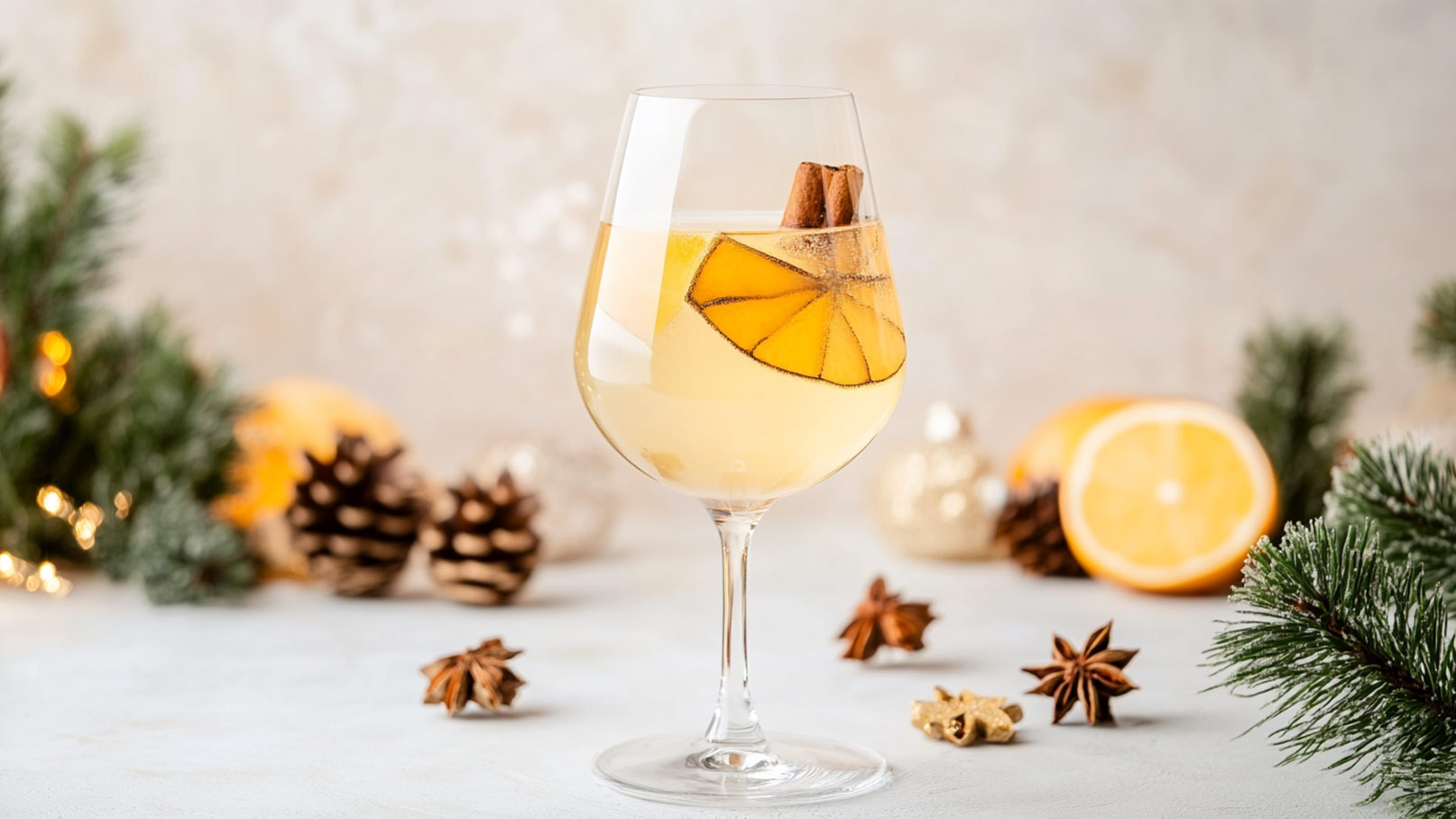 Auf dem Bild sind zwei elegante Gläser zu sehen, randvoll gefüllt mit weißem Glühwein. Die dampfende Flüssigkeit ist mit einer Zitronenscheibe und einer aromatischen Zimtstange verziert, die dem Getränk eine erfrischende und würzige Note verleihen. Neben den Gläsern liegt ein Tannenzweig, der an die festliche und gemütliche Atmosphäre erinnert.