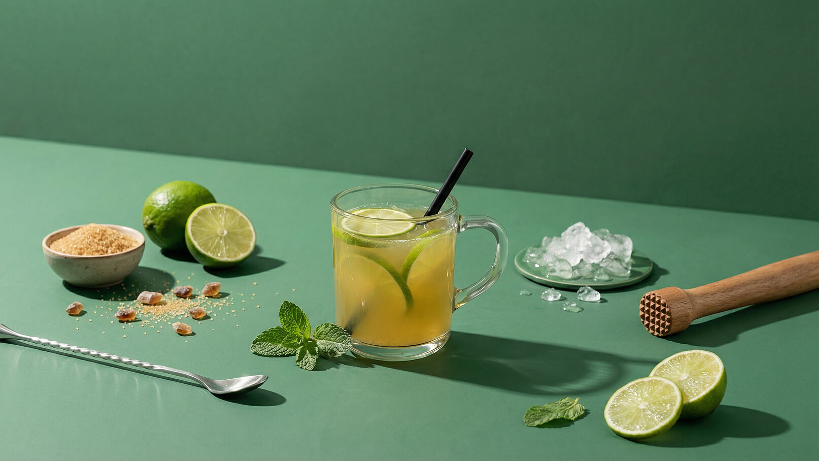 Ein Glas mit einem erfrischenden Getränk, das mit Limettenscheiben und frischer Minze garniert ist. Daneben liegen eine Schale mit braunem Zucker, Limetten und einige Eiswürfel. Der Hintergrund ist einfarbig grün, was die Zutaten hervorhebt.