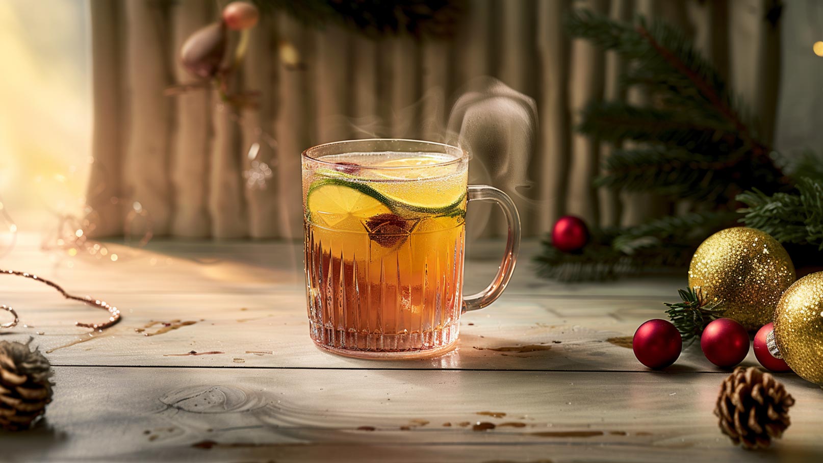 Auf dem Bild ist eine elegante Glastasse auf einem Untersetzer zu sehen, die mit einem erfrischenden Getränk und einer Zitronenscheibe garniert ist. Neben der Tasse liegt eine weitere Zitronenscheibe, die das frische Aroma des Getränks unterstreicht. Die klare Optik der Glasware und die Zitronen verleihen dem Bild eine erfrischende und ansprechende Atmosphäre.
