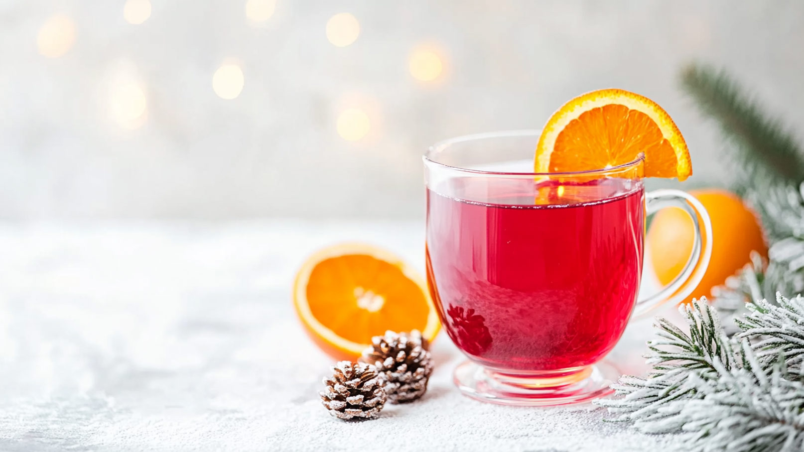 Auf dem Bild ist eine Glastasse mit dampfendem Weihnachtspunsch und frischen Orangenscheiben zu sehen. Neben der Tasse liegt ein Tannenzweig, eine Weihnachtskugel und getrocknete Orange, die die festliche Stimmung unterstreichen.