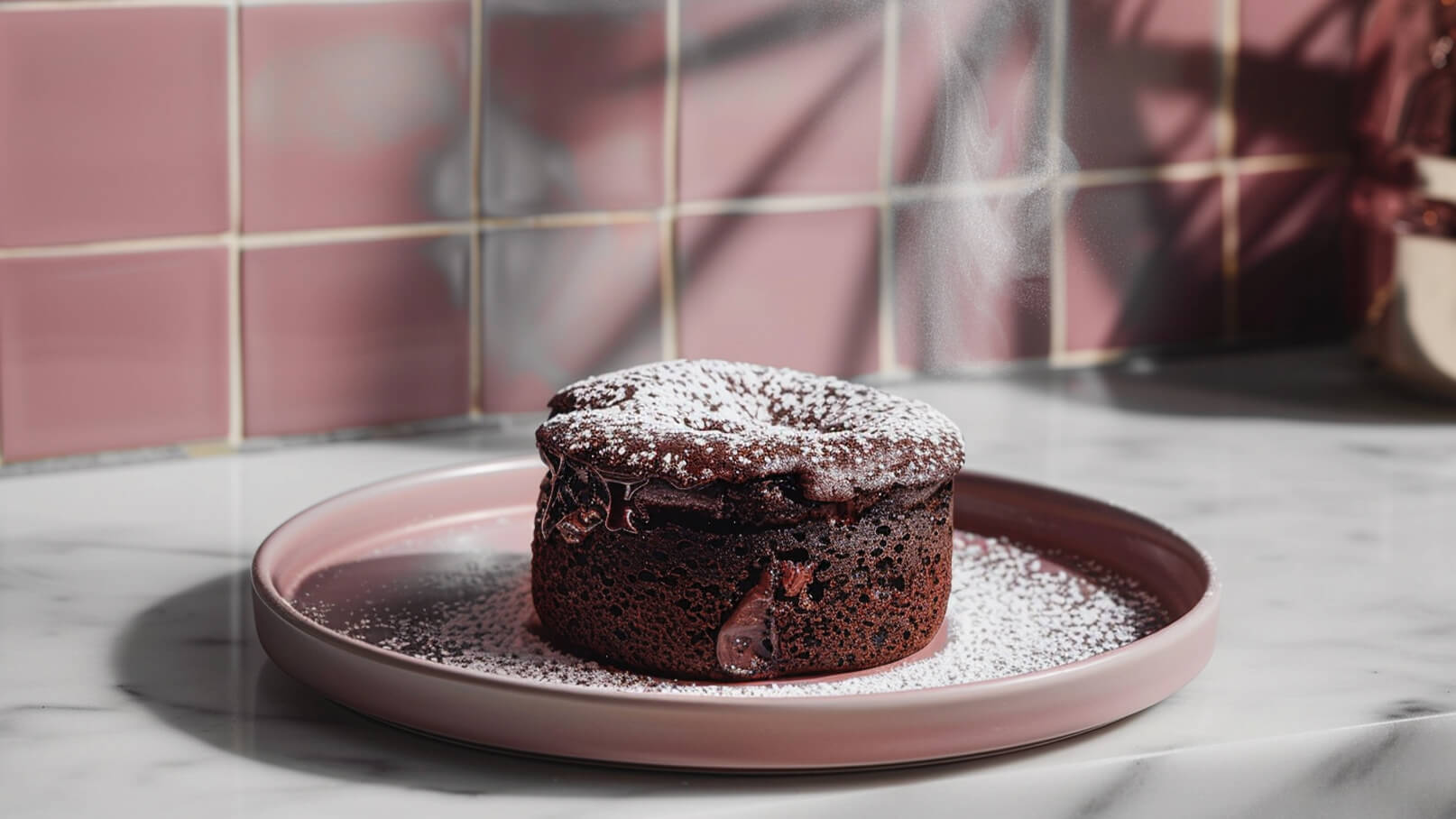 Ein schokoladiger Kuchen auf einem runden, pinken Teller. Der Kuchen hat eine luftige Textur und ist mit Puderzucker bestäubt, was ihn ansprechend aussehen lässt. Der Hintergrund zeigt pinke Fliesen und verteilt Licht- und Schattenspiele.