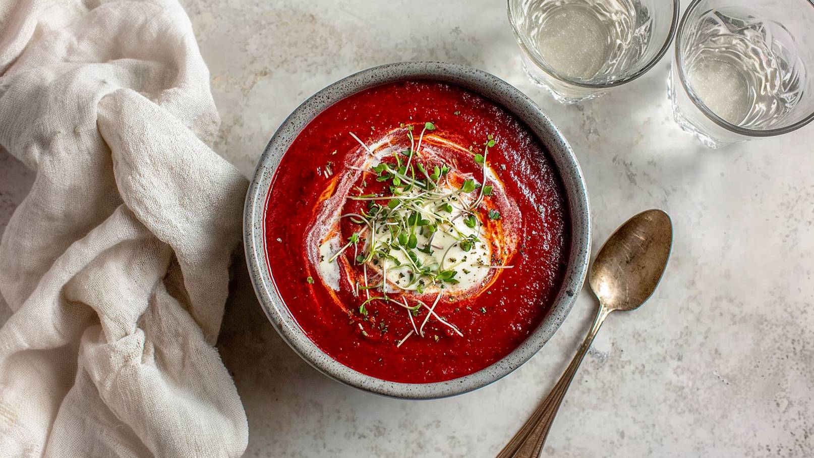 Eine Schüssel mit roter Suppe, garniert mit einem Klecks Sahne und frischen Kräutern. Neben der Schüssel liegen ein Löffel und ein weißes Tuch. Im Hintergrund befinden sich zwei Gläser Wasser.