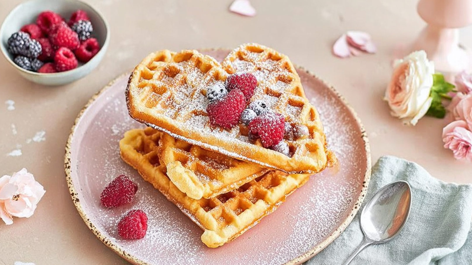 Ein Teller mit herzförmigen Waffeln, bestreut mit Puderzucker und belegt mit frischen Himbeeren und Heidelbeeren. Die Waffeln liegen auf einem zarten, rosa Teller, umgeben von einigen Blumen.