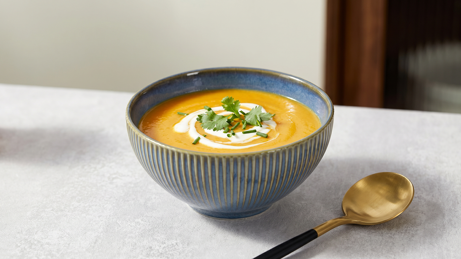 Eine Schale mit orangefarbener Suppe steht auf einem Tisch. Die Suppe ist mit einem Klecks Sahne und frischem Koriander garniert. Neben der Schale liegt ein Löffel mit goldener Kelle und schwarzem Griff.
