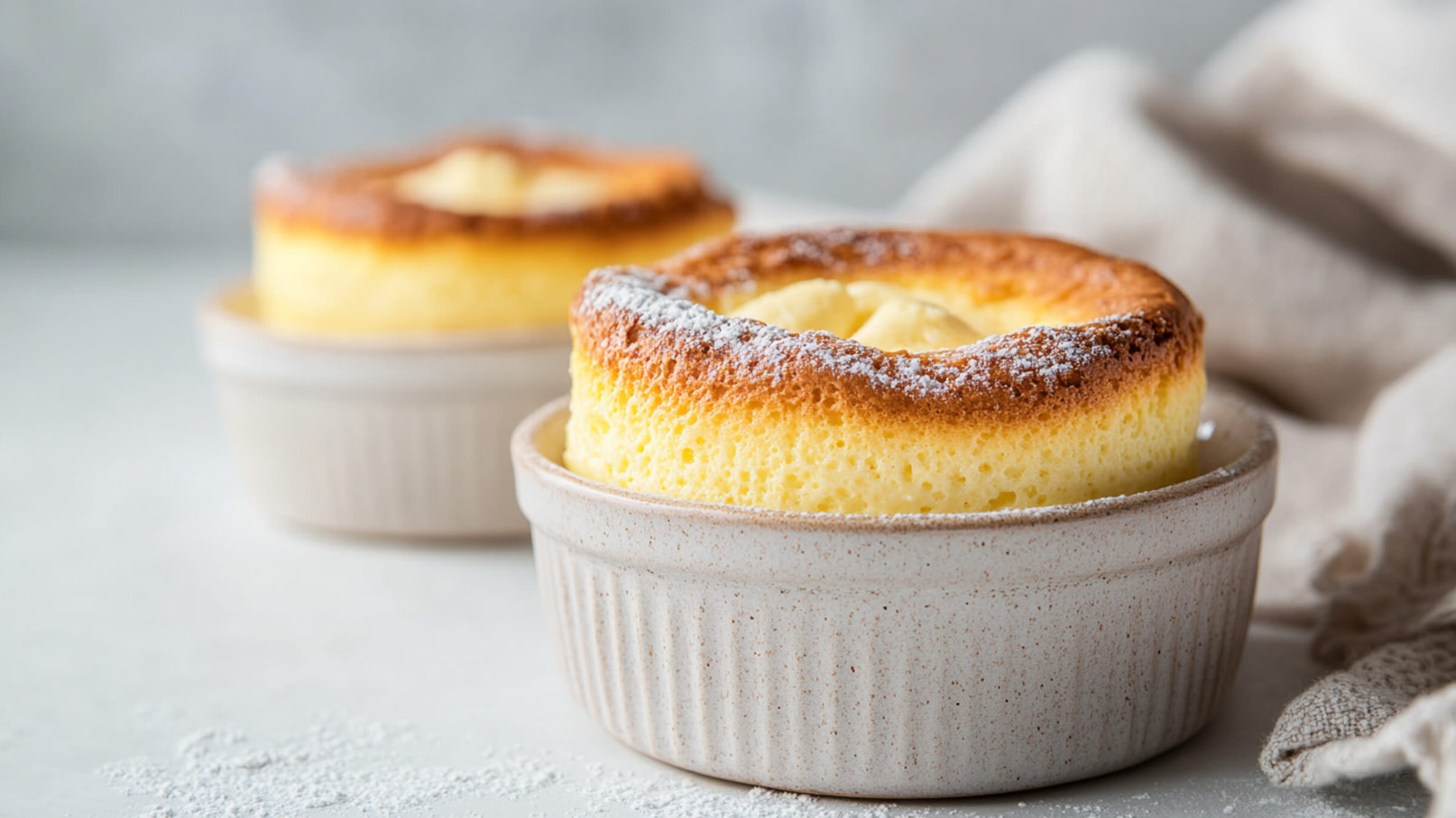 Auf dem Bild sind vier kleine Förmchen zu sehen, gefüllt mit cremigem Topfen Soufflé. Die Soufflés sind luftig und perfekt aufgegangen, mit einer goldenen Kruste oben. Neben den Soufflés liegen hübsche Gänseblümchen, die eine zarte und frühlingshafte Note hinzufügen. Die feinen Blütenblätter der Gänseblümchen kontrastieren wunderbar mit der cremigen Textur des Soufflés.
