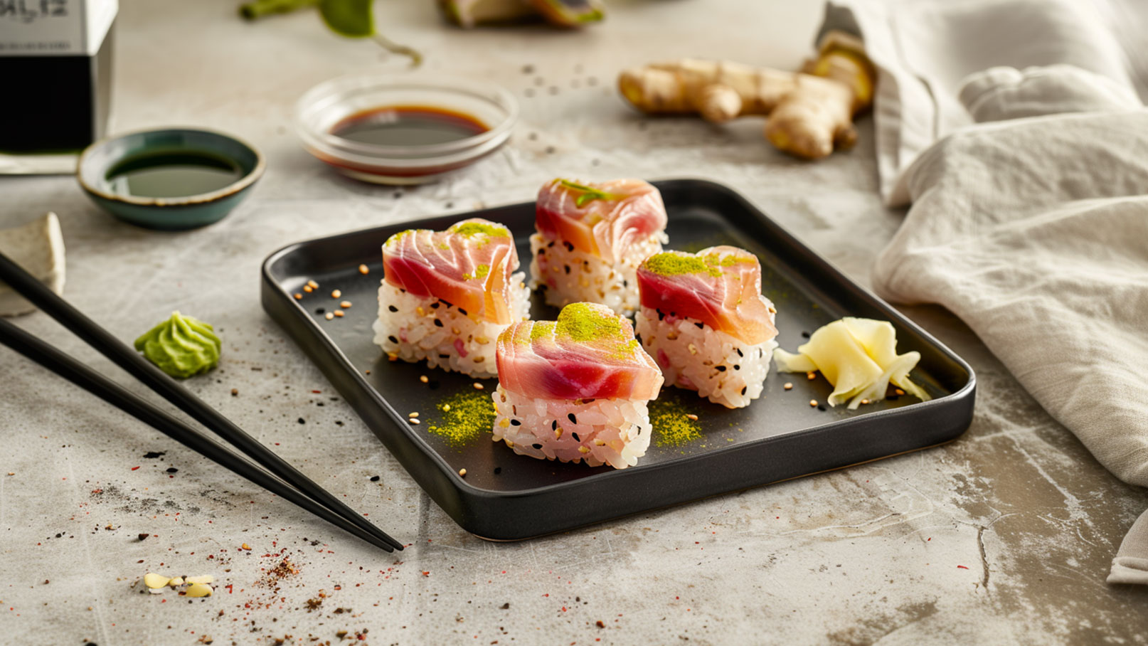 Ein schwarzes rechteckiges Teller mit fünf herzförmigen Sushi-Stücken, belegt mit frischem Fisch und dekoriert mit grüner Gewürzpaste. Neben dem Sushi befinden sich Wasabi und eingelegter Ingwer. Im Hintergrund sind Sojasauce und andere Zutaten sichtbar.
