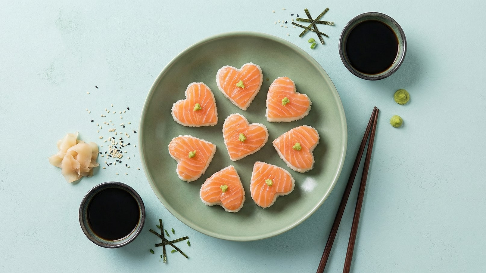Auf einem grünen Teller befinden sich neun Sushi-Stücke in Herzform, belegt mit lachsfarbenem Lachs und einem kleinen Klecks Wasabi. Neben dem Teller liegen Essstäbchen, eine Schale Sojasauce und einige Beilagen wie eingelegter Ingwer und Sesamsamen.