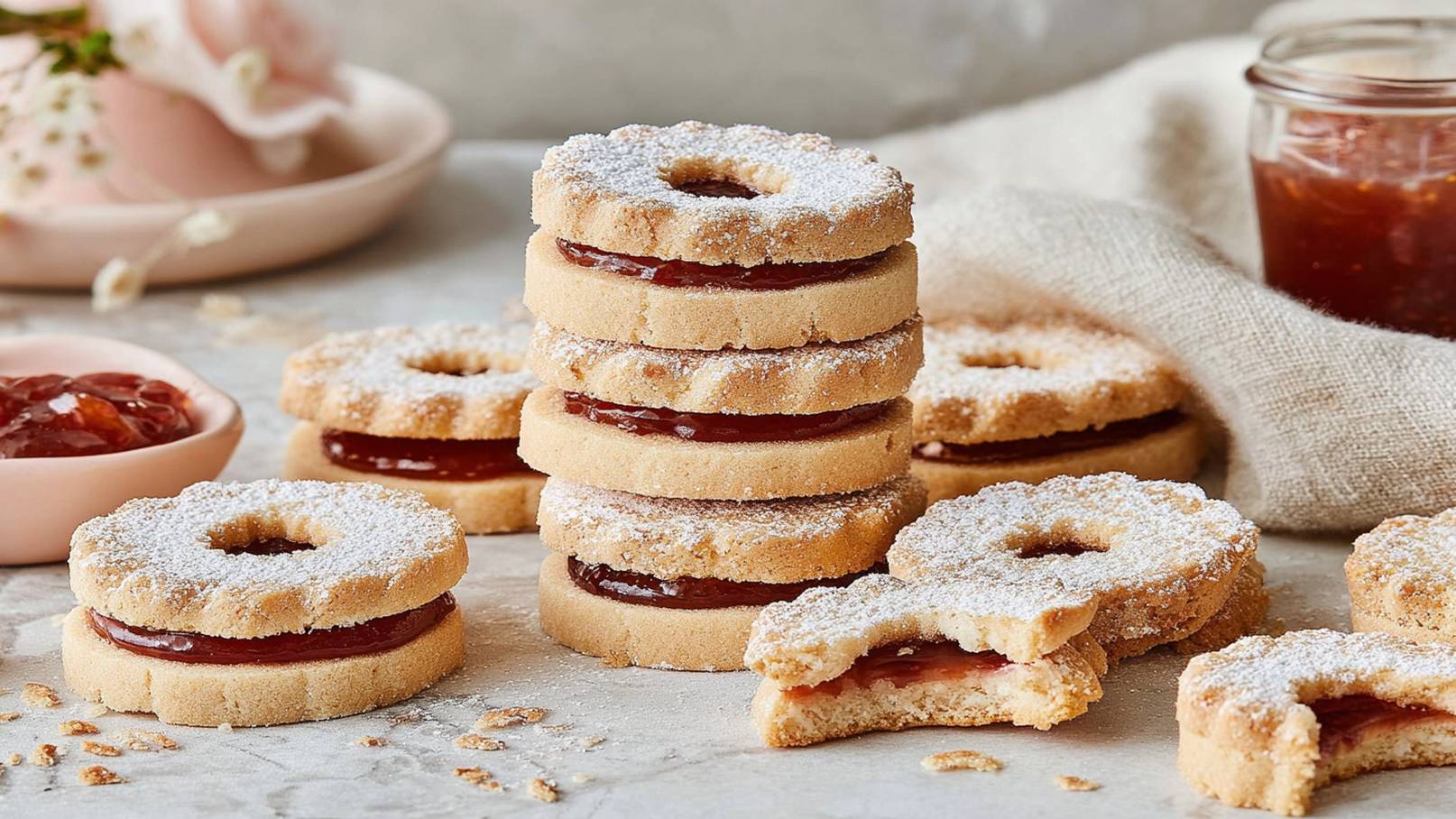 Stell dir einen schneeweißen Teller vor, der üppig mit Linzer Herzen gefüllt ist. Diese zarten Kekse, mit goldbraunen Rändern, sind kunstvoll mit roter Marmelade gefüllt. Rund um die Herzen liegen frische, grüne Minzblätter, die einen lebhaften Kontrast bieten. Neben dem Teller thront eine kleine, weiße Schale mit glänzender, tiefroter Marmelade und einigen weiteren Minzblättern.
