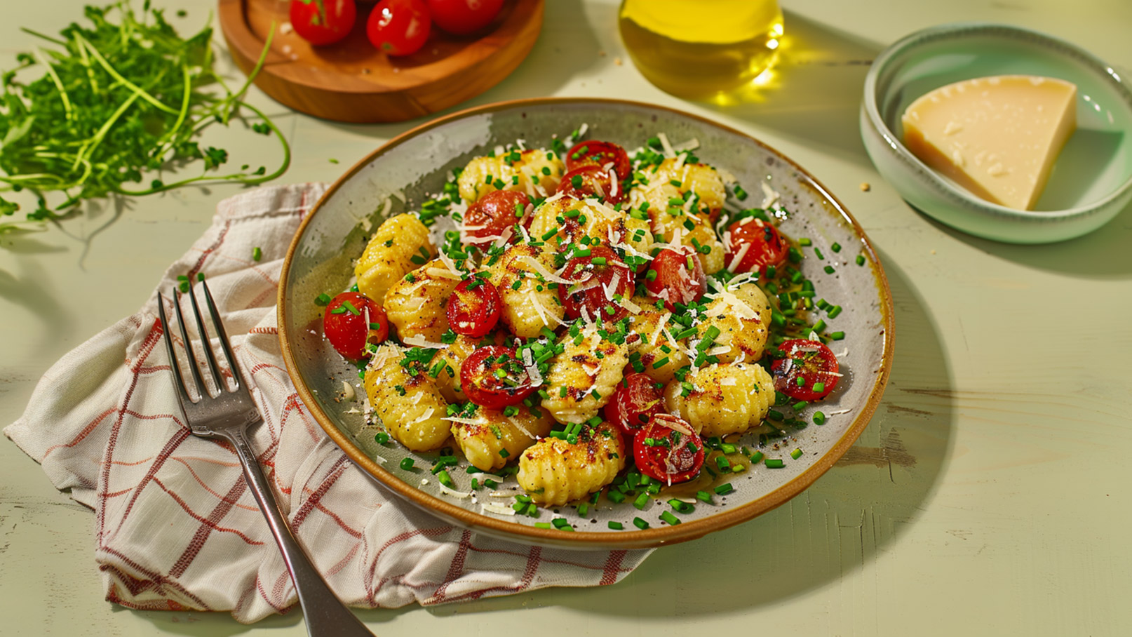 Ein Teller mit Gnocchi, garniert mit Kirschtomaten, frischem Schnittlauch und Parmesan. Die Gnocchi sind goldbraun angebraten und auf einem hellen Teller angerichtet. Im Hintergrund sind ein Fläschchen Olivenöl und ein Stück Käse zu sehen.