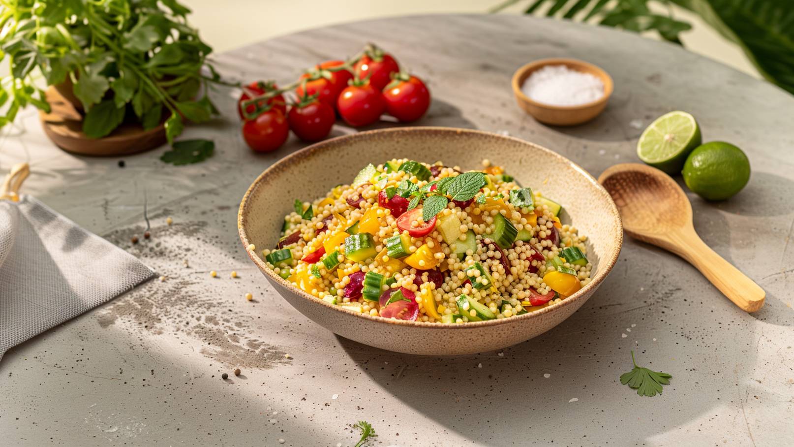Eine Schüssel mit buntem Couscous-Salat, der mit frischen Gemüsestücken wie Paprika, Gurken und Kirschtomaten garniert ist. Ein paar Minzblätter zieren die Oberseite. Neben der Schüssel liegen Limetten, eine Holzlöffel und eine kleine Schale mit Salz.
