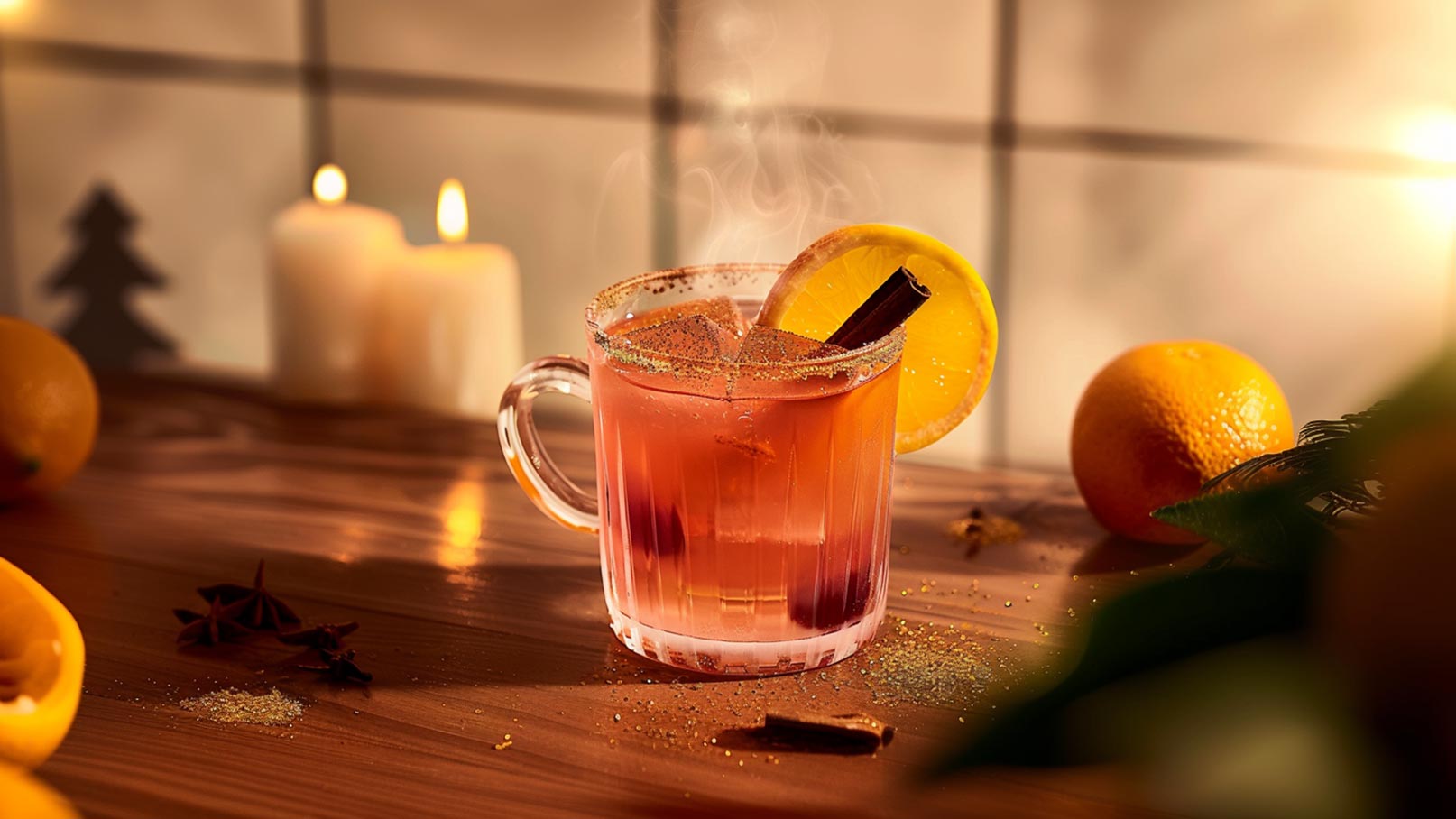 Stell dir eine elegante Glastasse vor, gefüllt mit leuchtend orangefarbenem Punsch. Oben liegen dekorative Scheiben frischer Orangen, während Zimtstangen und Nelken für einen aromatischen Duft sorgen. Diese ansprechende Anordnung vermittelt ein Gefühl von Gemütlichkeit und festlicher Stimmung, ideal für kalte Tage oder besondere Anlässe.