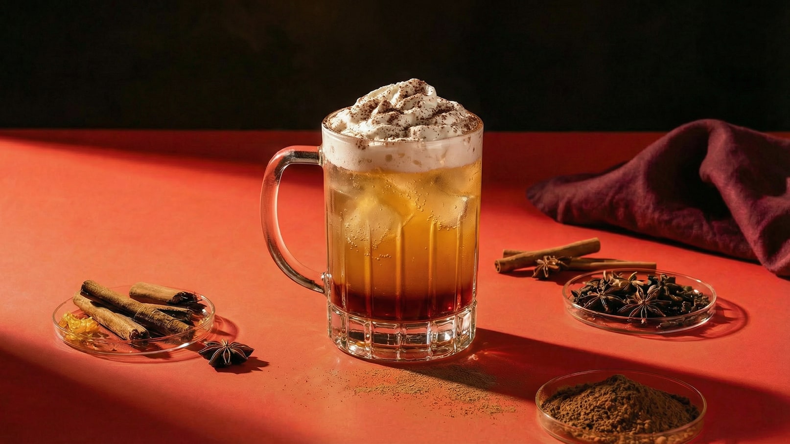 Ein Glas mit einem schaumigen Getränk, das Eiswürfel und eine dunkle, schichtenartige Farbe aufweist. Um das Glas liegen Zimtstangen, Sternanis und Gewürzreste auf einer roten Oberfläche, die eine gemütliche Atmosphäre vermittelt.
