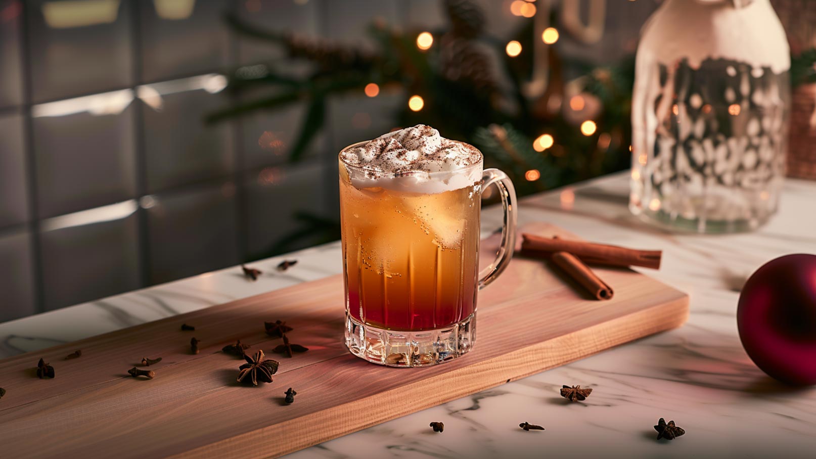 Das Bild zeigt ein elegantes Glas, gefüllt mit einem festlichen Dezembertraum, der mit Sahne und Zimt dekoriert ist. Im Hintergrund liegen frische Orangen und Zimtstangen, die die winterliche Atmosphäre unterstreichen. Die Komposition strahlt Wärme und Gemütlichkeit aus.