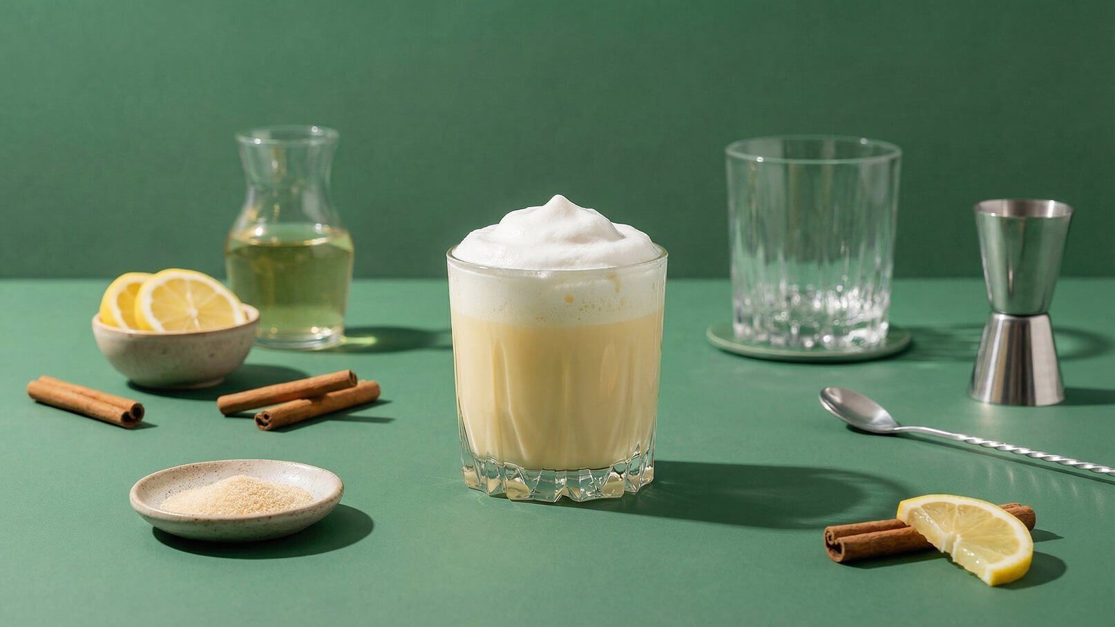 Ein Glas mit schaumigem Getränk steht im Vordergrund. Umgeben von Zitronenscheiben, Zimtstangen, einem kleinen Teller mit Zucker und weiteren Gläsern. Der Hintergrund ist grün.