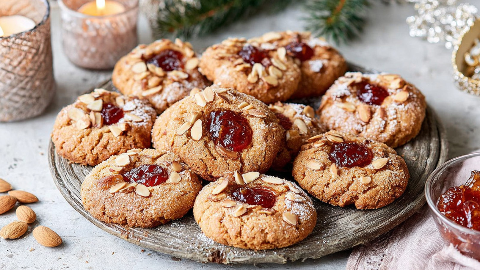 Ein Holztablett mit frisch gebackenen Keksen, die mit Mandelsplittern und einem roten Marmeladenfleck in der Mitte verziert sind. Einige Kekse sind mit Puderzucker bestreut. Daneben liegen ein paar ganze Mandeln und ein Glas mit Marmelade.