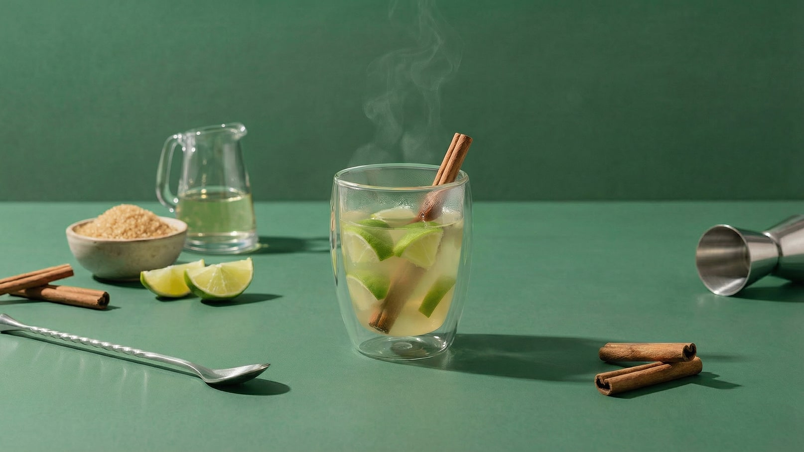 Ein heißes Getränk in einem transparenten Glas, gefüllt mit Limettenstücken und einem Zimtstängel. Dampfwolken steigen auf. Im Hintergrund sind eine Karaffe mit Flüssigkeit, eine Schüssel mit braunem Zucker, Limettenscheiben und weitere Zimtstängel zu sehen.