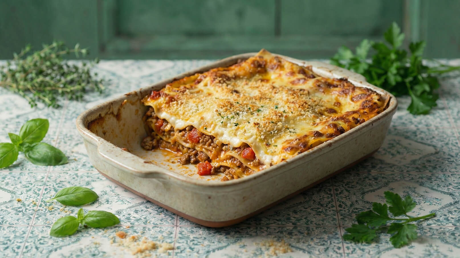 Ein gefülltes Lasagne-Gericht in einer Auflaufform, mit goldbraunem Käse und einer knusprigen Kruste. Die Lasagne enthält Schichten aus Hackfleisch, Tomaten und Bechamelsauce. Frische Kräuter sind um die Form herum platziert. Der Hintergrund zeigt eine dekorative Tischplatte.