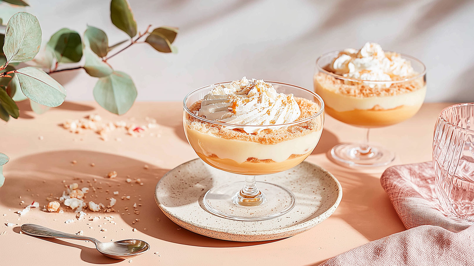Zwei Gläser mit Schichtdessert stehen auf einem beige-farbenen Tisch. Die Desserts bestehen aus einer cremigen Füllung, die mit Sahne und Keksbröseln garniert ist. Ein kleiner Löffel und ein Teller sind ebenfalls sichtbar. Ein zartes Blattwerk ergänzt die Szene.
