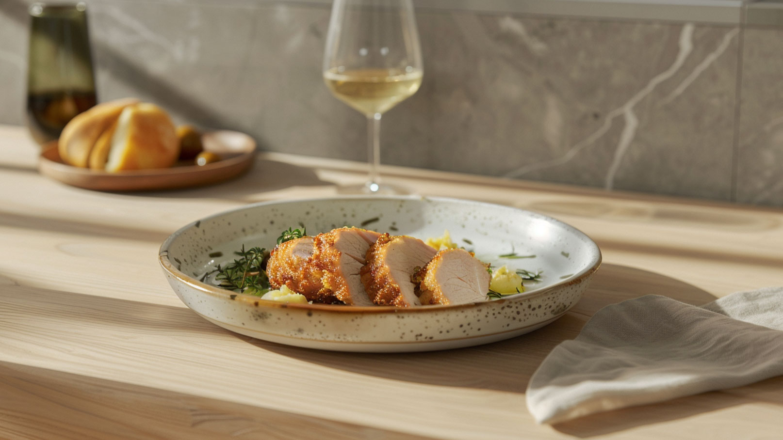 Ein Teller mit knusprig gebratenem Hähnchenbrustfilet, das in Scheiben geschnitten ist, liegt auf einem Holztisch. Dazu gibt es Kartoffelpüree und frische Kräuter. Im Hintergrund steht ein Glas Weißwein und ein Brotkorb ist zu sehen.