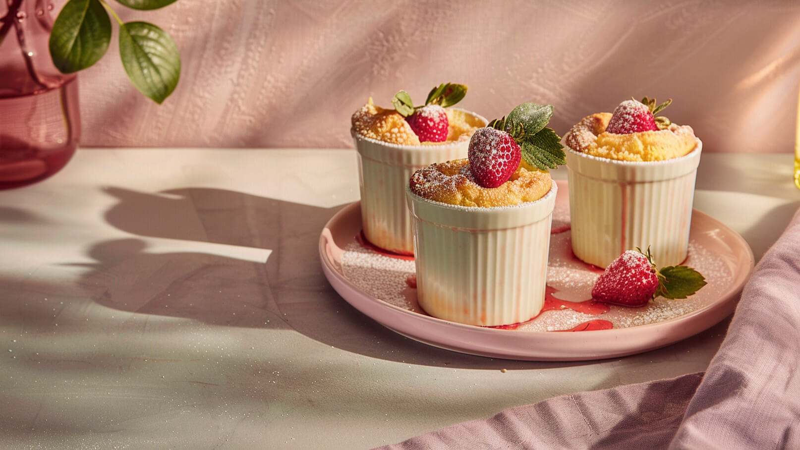 Drei kleine Soufflés in weißen Schalen stehen auf einem runden, rosafarbenen Teller. Jedes Soufflé ist mit Puderzucker bestreut und mit frischen Erdbeeren und Minzblättern dekoriert. Ein paar Erdbeeren liegen neben den Schalen. Der Hintergrund ist sanft und rosa.