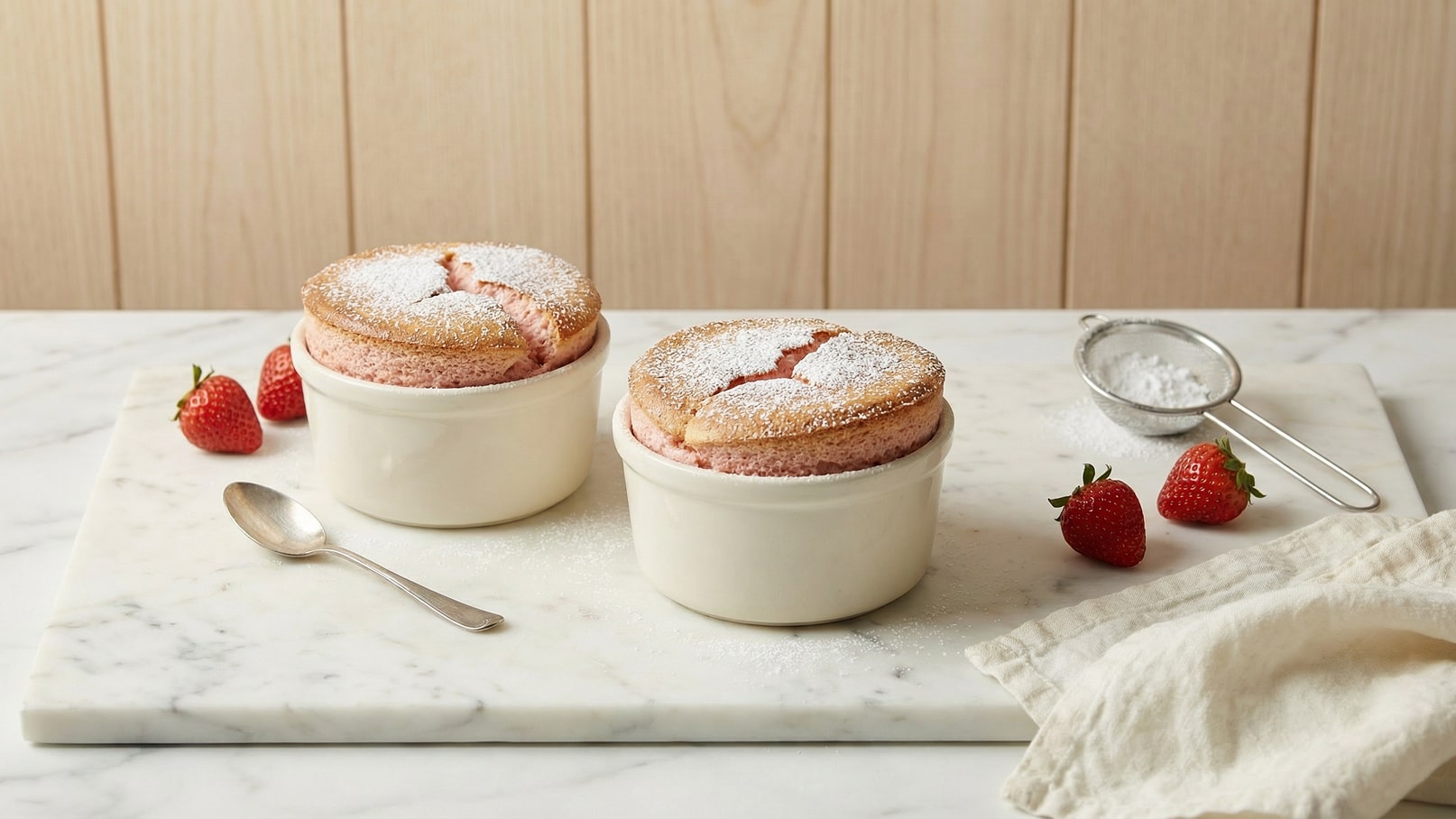 Zwei luftige Erdbeer-Soufflés in weißen Schälchen, bestäubt mit Puderzucker, stehen auf einem Marmor-Brett. Daneben sind frische Erdbeeren und ein kleiner Sieb mit Puderzucker platziert. Ein Löffel liegt ebenfalls auf der Tischfläche.