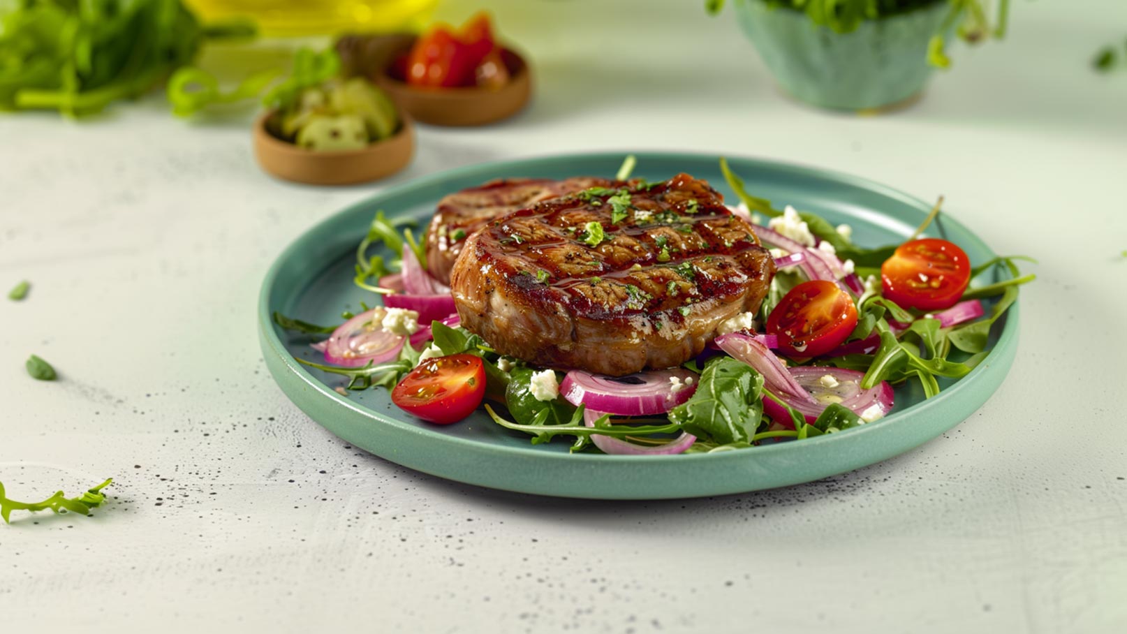 Ein Teller mit zwei gegrillten Fleischstücken auf einem Bett aus frischem Rucola, roten Zwiebeln und halbierten Kirschtomaten. Das Gericht ist mit Kräutern garniert und präsentiert sich appetitlich auf einem grünen Teller.