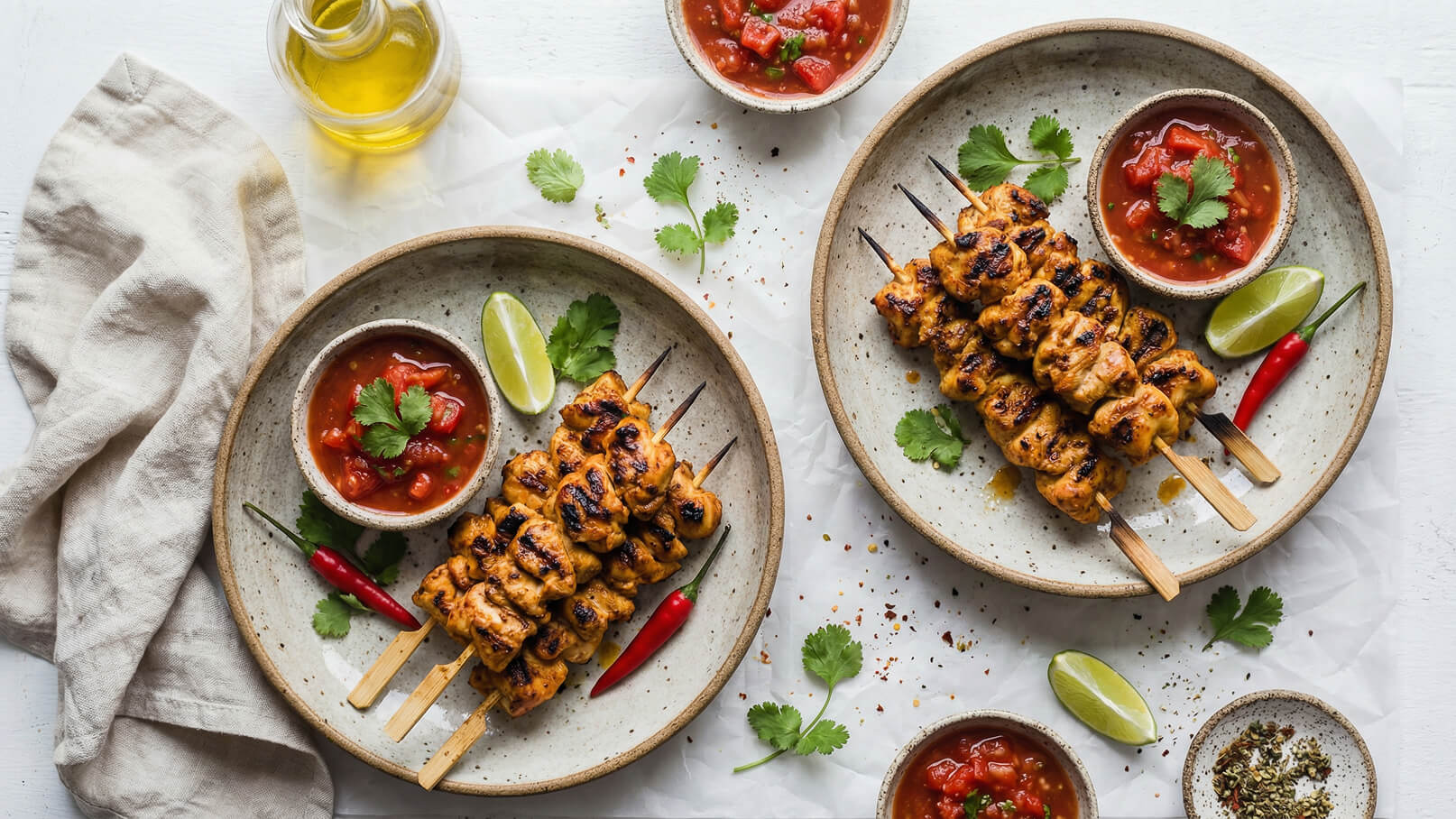 Zwei Teller mit gegrillten Hähnchenspießen, garniert mit frischem Koriander und Limettenscheiben. Neben den Spießen befindet sich eine Schale mit würziger Tomatensauce. Auf einem Teller liegt eine rote Chili und etwas Koriander. Im Hintergrund steht eine Flasche Olivenöl.