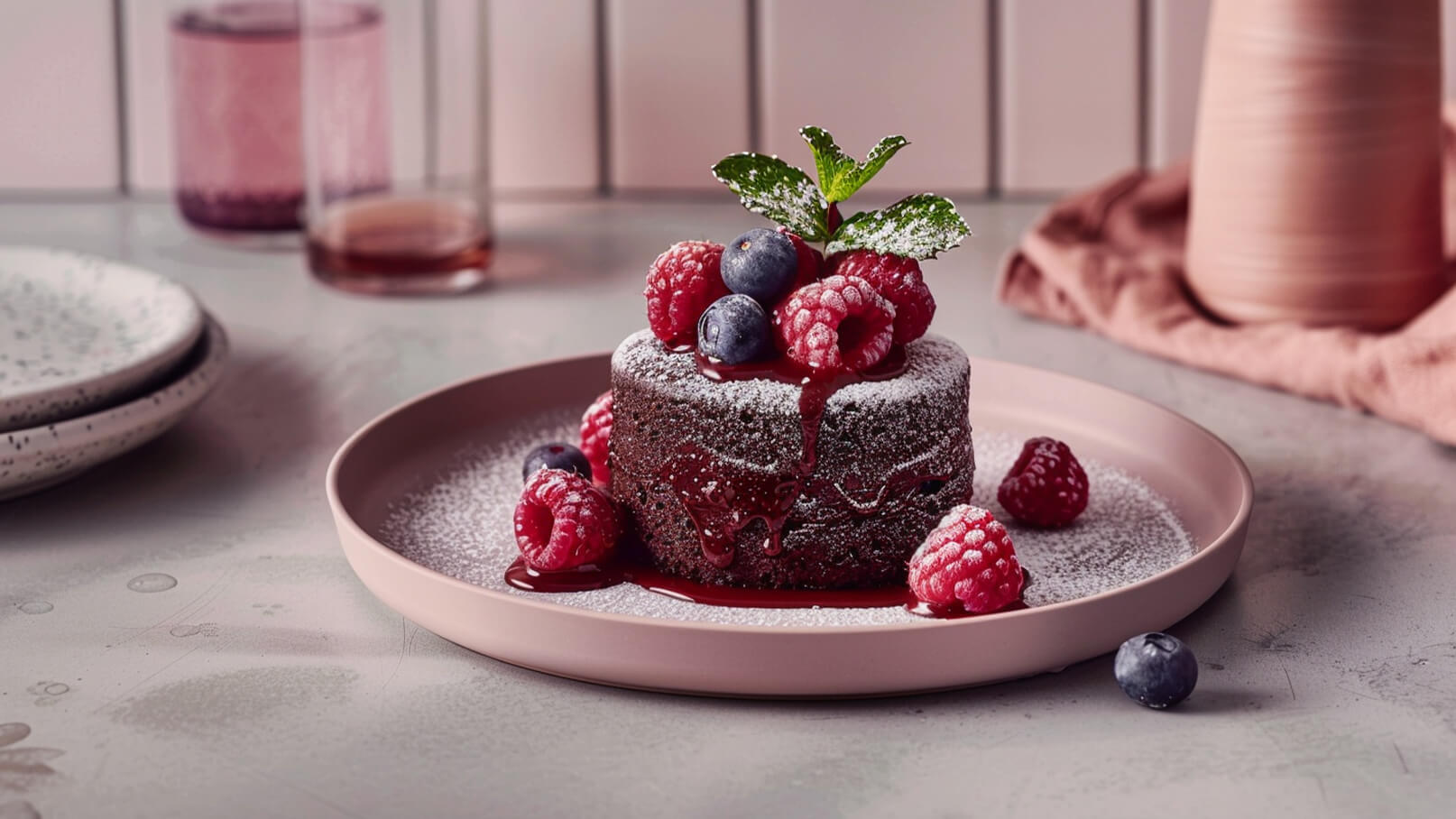 Ein köstlicher Schokoladenkuchen wird auf einem rosa Teller serviert. Er ist mit Puderzucker bestäubt und mit frischen Himbeeren und einer Blaubeere dekoriert. Eine Minzeblattkrone rundet das ansprechende Dessert ab.