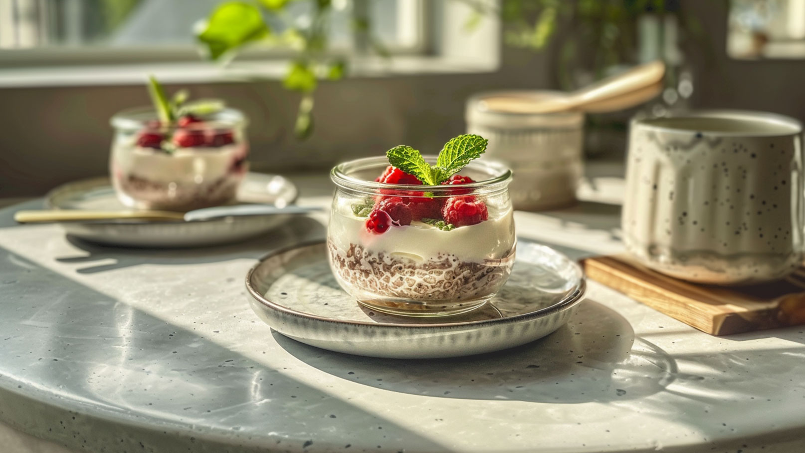 Zwei Gläser mit Dessert stehen auf einem Tisch. Jedes Glas enthält eine Schicht aus Schokolade und Joghurt, belegt mit frischen Himbeeren und einem Minzblatt. Im Hintergrund sind weitere Geschirrteile und Pflanzen sichtbar. Das Licht fällt sanft auf die Szene.